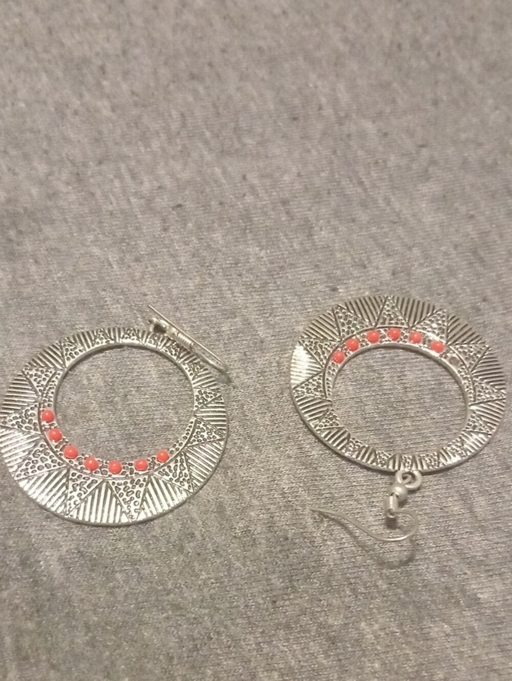 Silver Tone Hoop Earrings with Red Accents - Women Jewelry - Picture 3 of 3